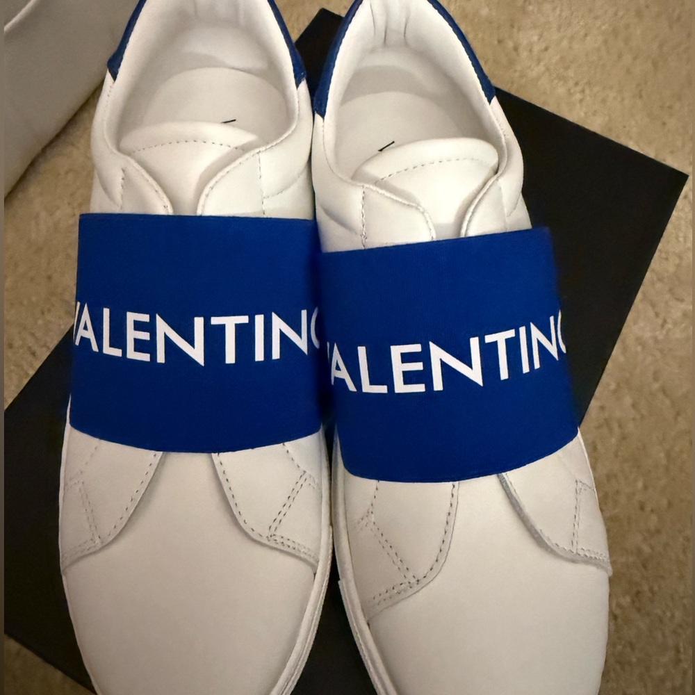 Valentino White Leather Sneakers with Blue Logo Band